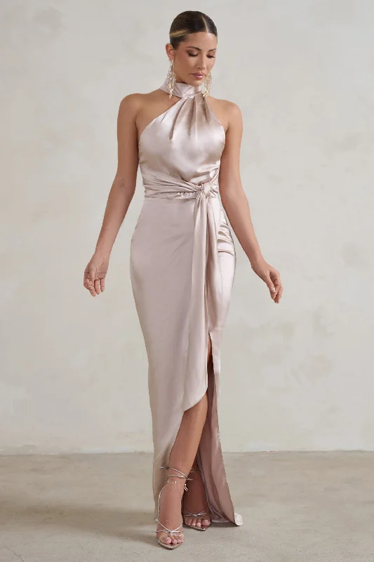 cinched sundress-Tattianna | Champagne Asymmetric Tie Detail High Neck Satin Maxi Dress