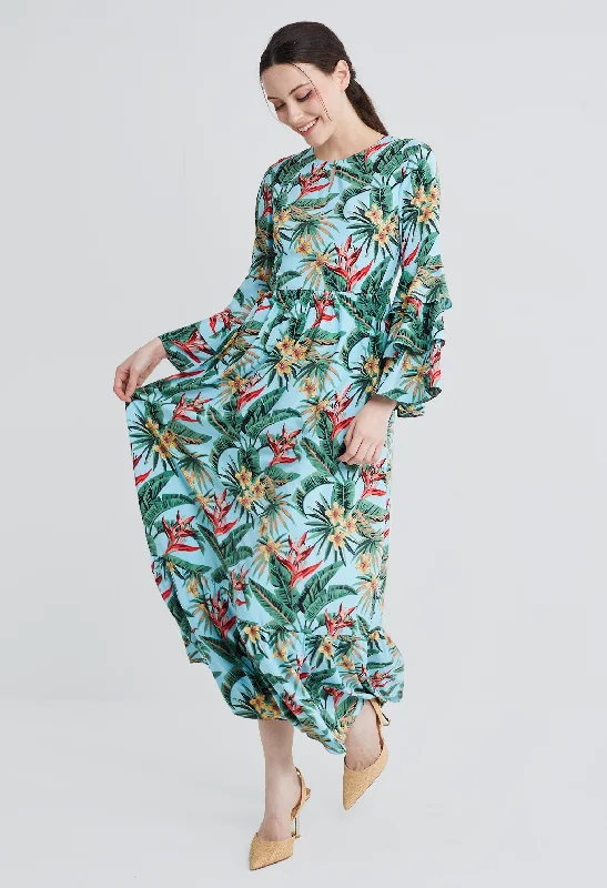 forest green sundress-Tropical Vacay Ruffled Sleeve Dress