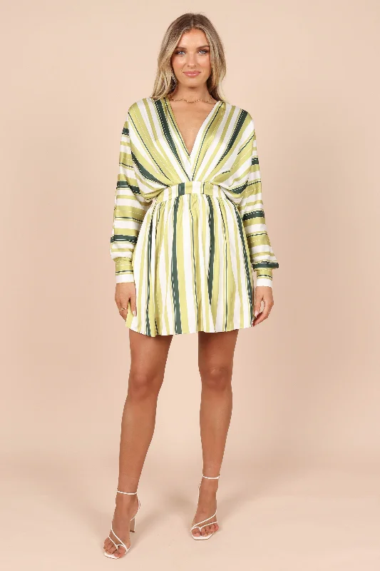 retro floral dress-Veronica Long Sleeve Mini Dress - Green Stripe