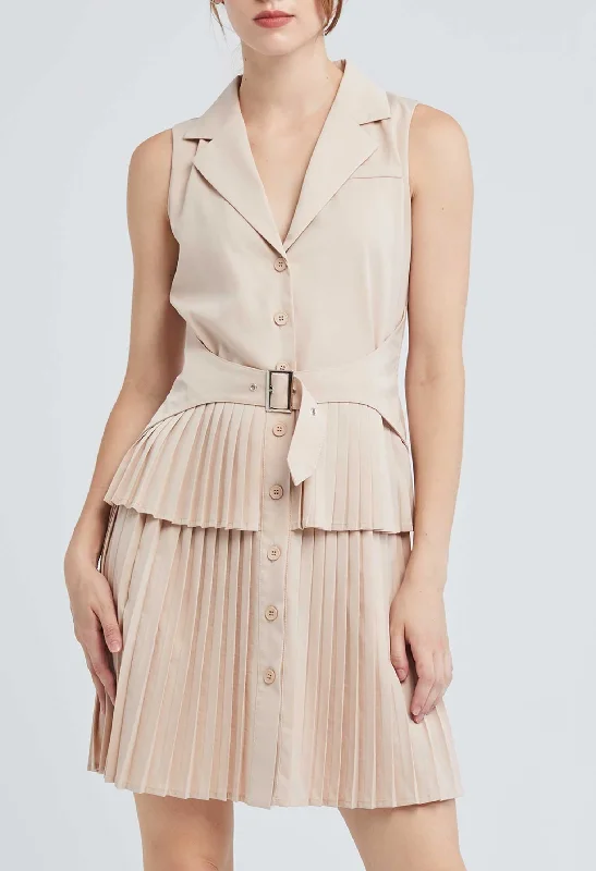 golden champagne cocktail dress-Vest Trench Pleated Dress