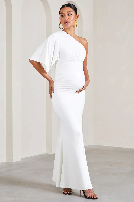 seafoam green prom dress-Wisdom | White Ruched Asymmetric One-Shoulder Maternity Maxi Dress