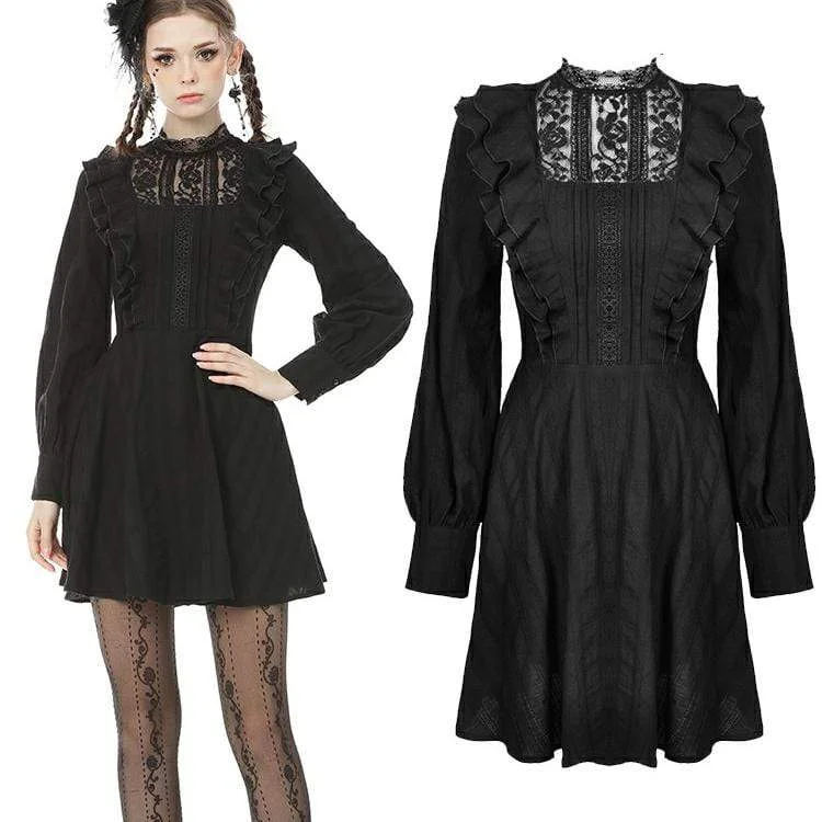 cinched evening dress-Women's Goth Lace Collar Long Sleeved Ruffles Black Little Dresses