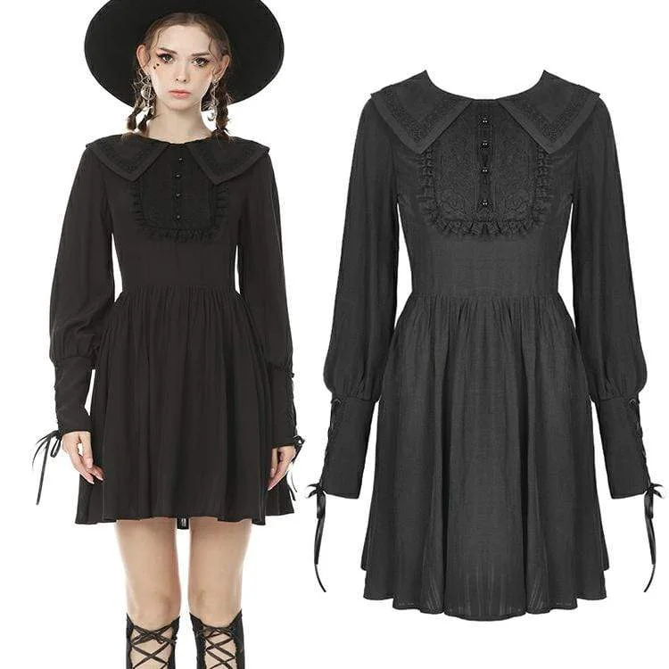 puffed sleeve sundress-Women's Goth Turn-down Collar Long Sleeved Ruffles Black Little Dresses