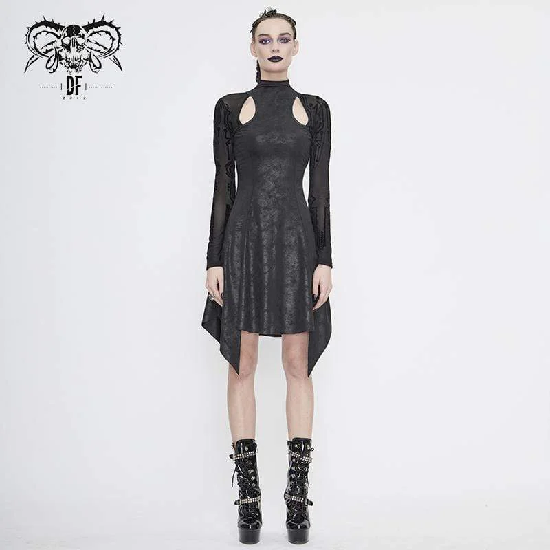 smocked boho dress-Women's Gothic Asymmetrical Flared Long Sleeved Dresses with Tear-Drop Cut-out Details