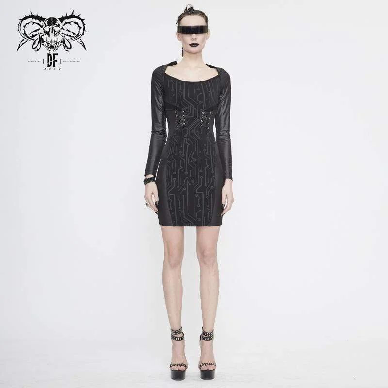 relaxed sundress-Women's Gothic Black Long Sleeved Short Shift Dresses with Lace