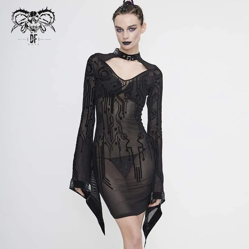 scalloped mini dress-Women's Gothic Black Sheer Lace Long Tulip Sleeved Short Shift Dresses