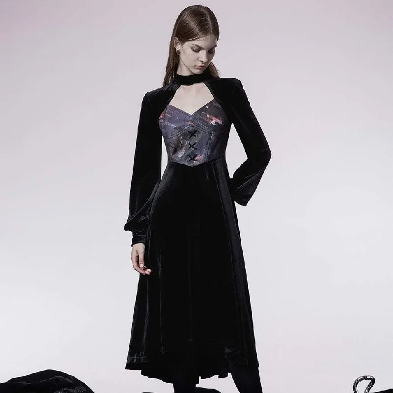 flared fit dress-Women's Gothic Cutout Splice Velvet Long Dress