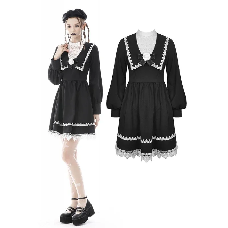 gypsy style dress-Women's Gothic Doll Collar Puff Sleeved Bowknot Dress