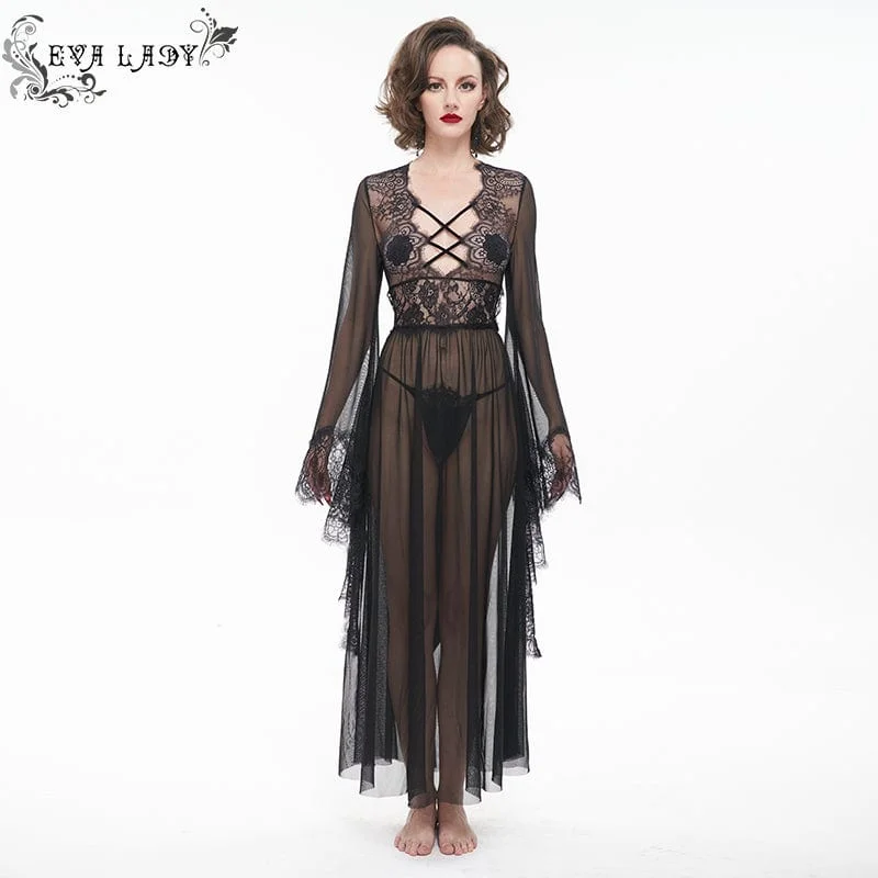 puffed sleeve dress-Women's Gothic Flare Sleeved Backless Sheer Sexy Nightgown