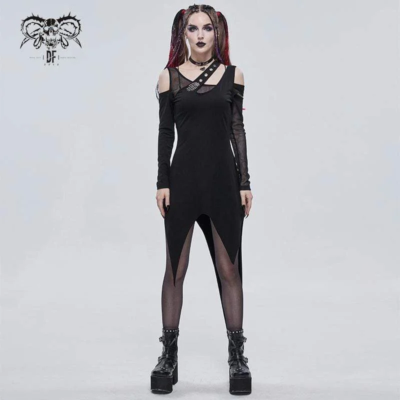 gathered waist dress-Women's Gothic Irregular Cutout Mesh Splice Dress