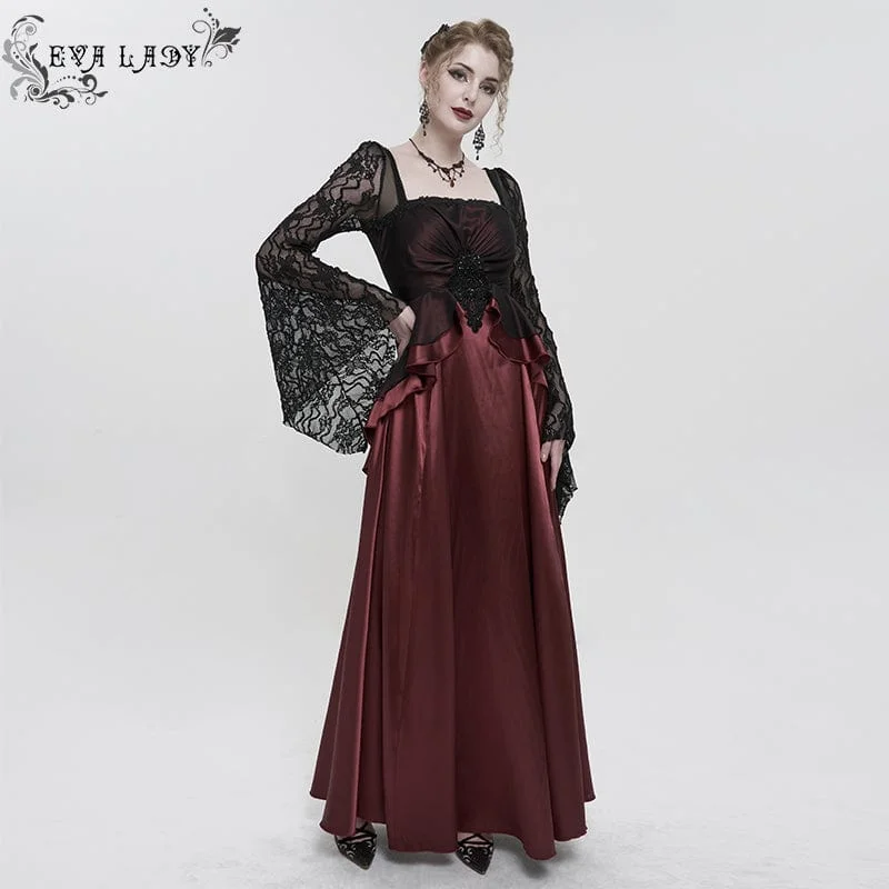 breezy beach dress-Women's Gothic Lace Sleeved Layered Draped Wedding Dress