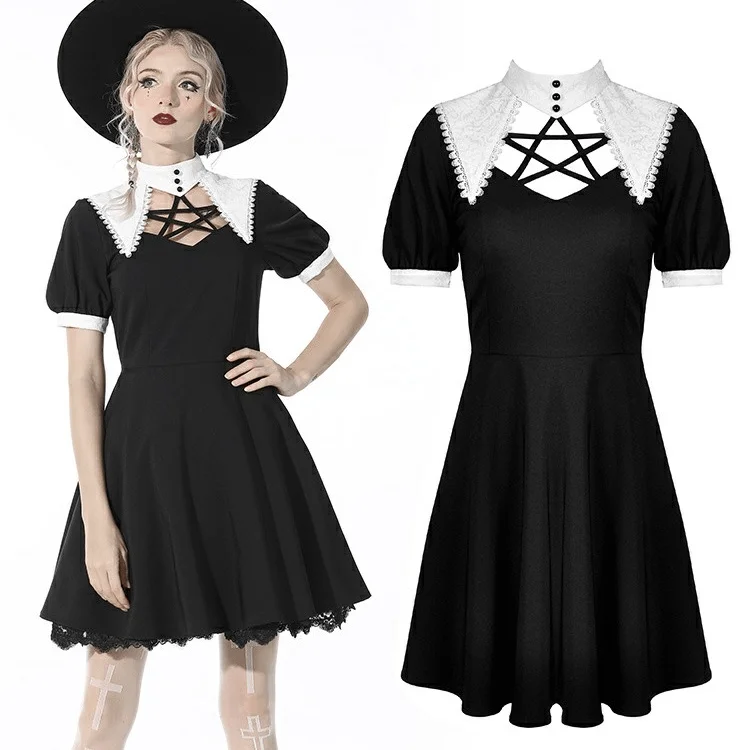 cobalt blue dress-Women's Gothic Pentagram Cutout Black Pleated Dress