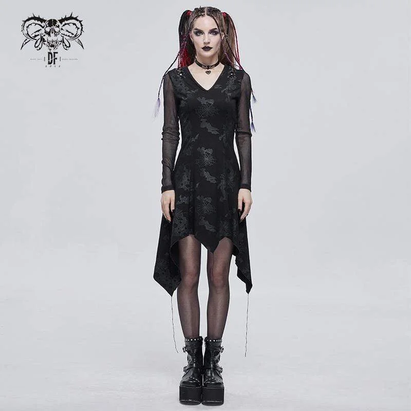 delicate lace dress-Women's Gothic Plunging Cobweb Printed Irregular Dress