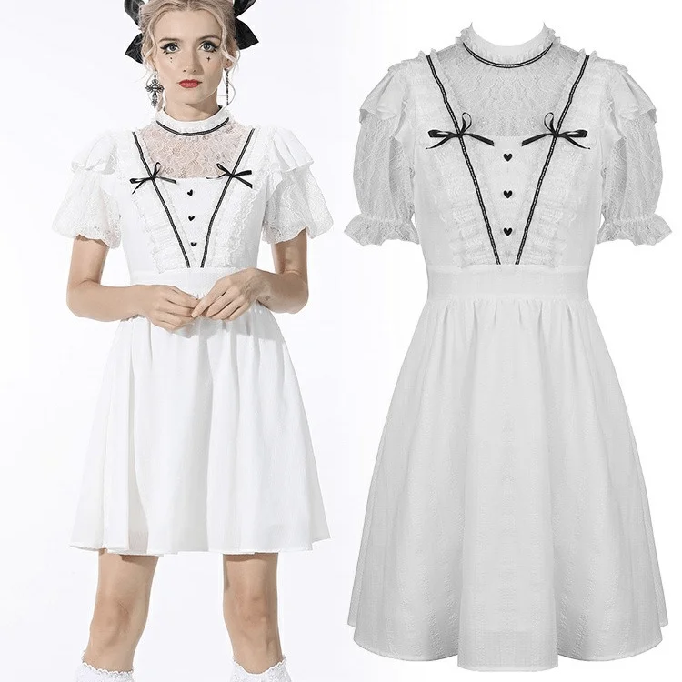 ivory satin dress-Women's Gothic Puff Sleeved Bowknot White Dress