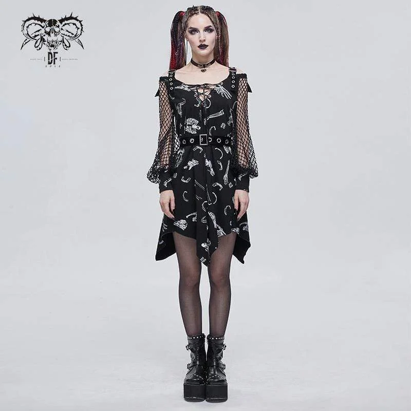 dramatic high low dress-Women's Gothic Puff Sleeved Buckles Irregular Dress