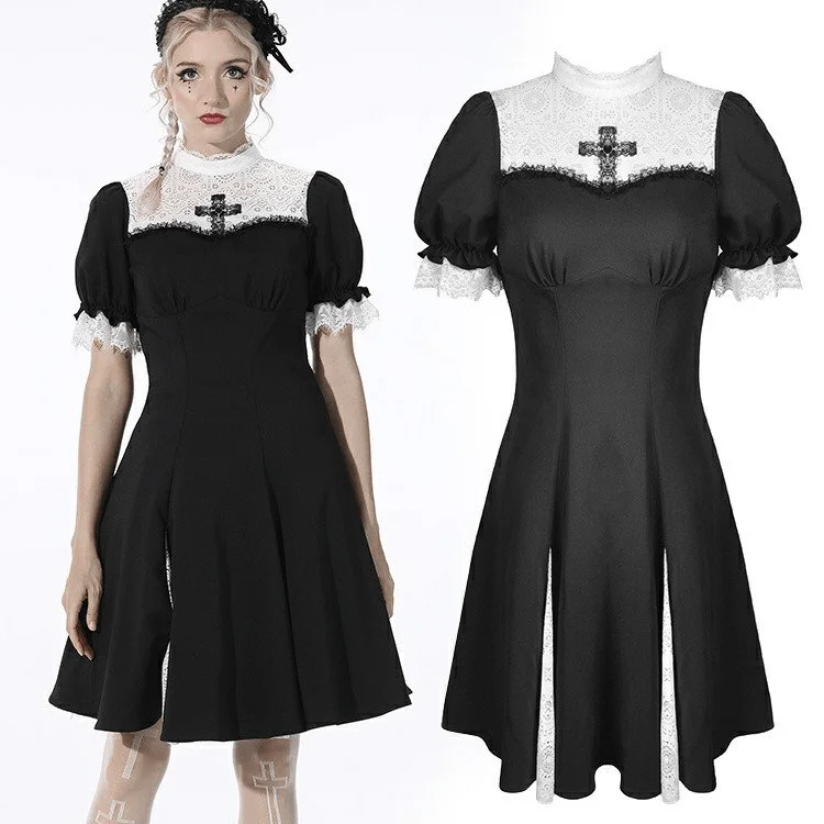 cocoa brown dress-Women's Gothic Puff Sleeved Splice Black Dress