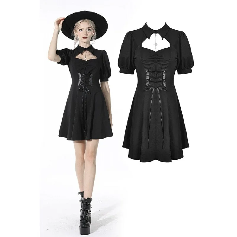 charcoal grey dress-Women's Gothic Strappy Cutout Black Pleated Dress