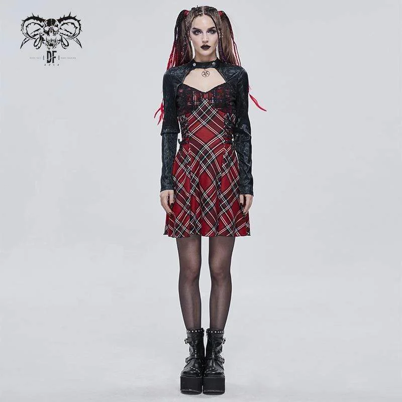 soft peach dress-Women's Gothic Strappy Cutout Splice Plaid Dress