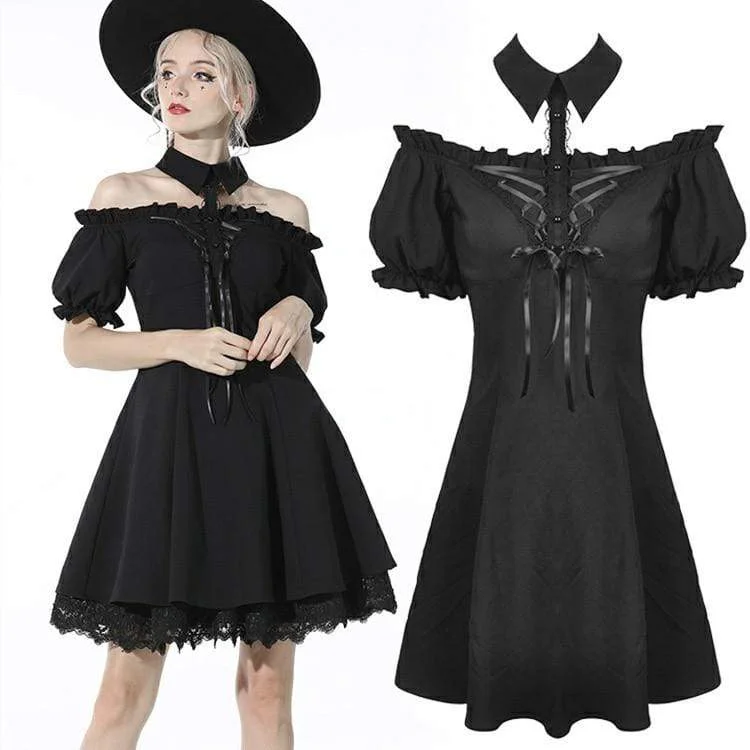 sunny yellow dress-Women's Gothic Strappy Puff Sleeved Black Halterneck Dress