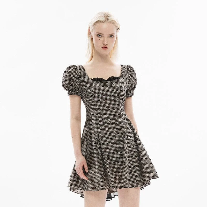 mock neck dress-Women's Lolita Bowknot Plaid Puff Sleeved Dress