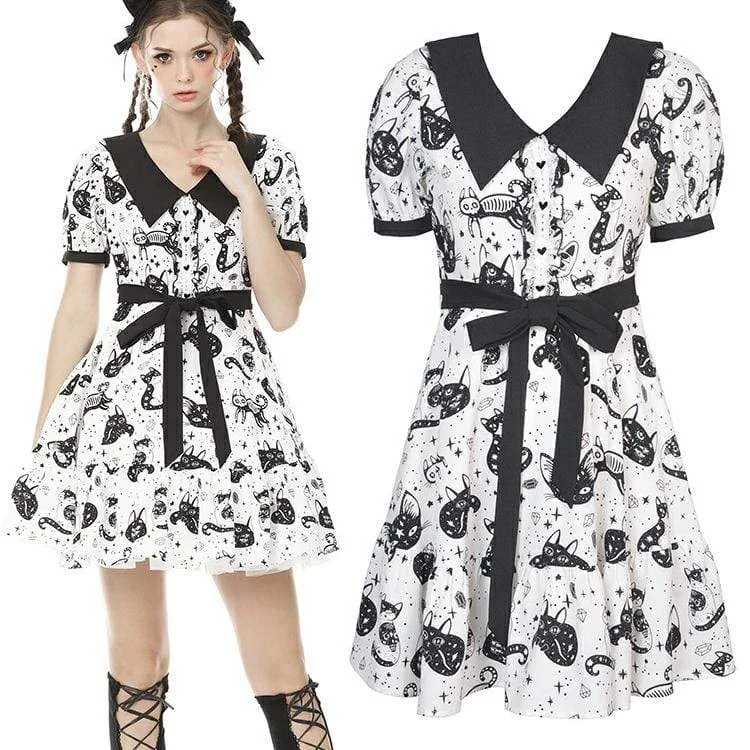 dramatic prom dress-Women's Lolita Cat Printed Peter Pan Collar Short Dresses with Belt