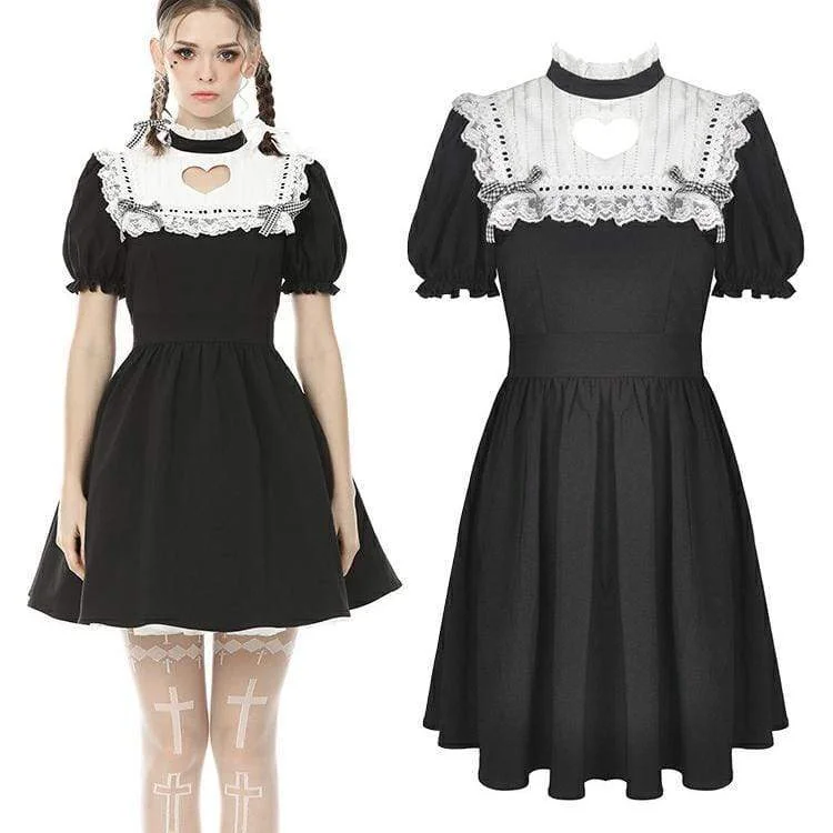 retro lace dress-Women's Lolita Love Heart Cutout Black Maid Dresses