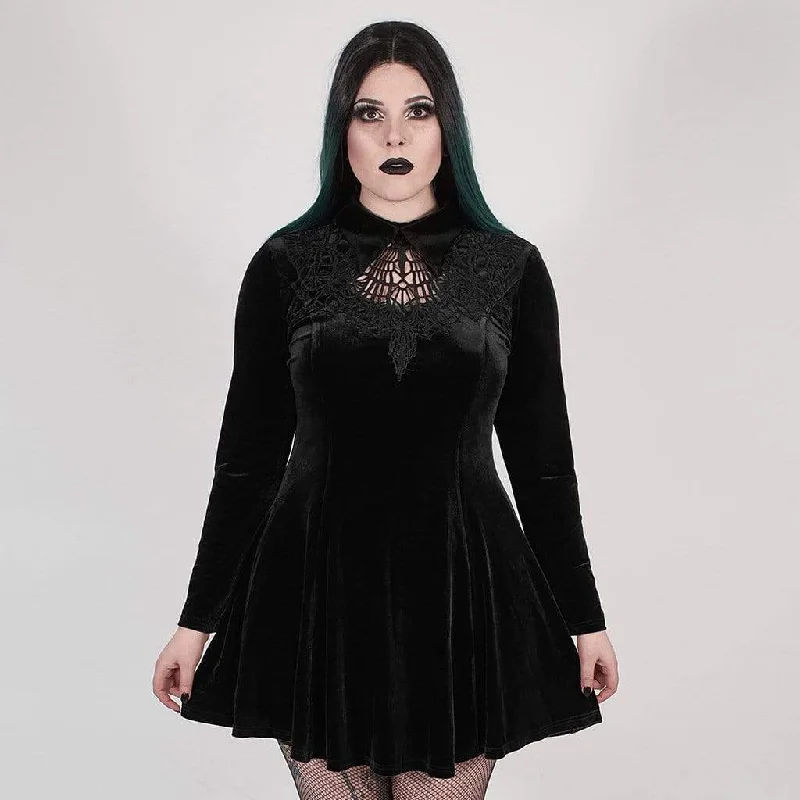 delicate midi dress-Women's Plus Size Gothic Black Velvet Short Collared Dress