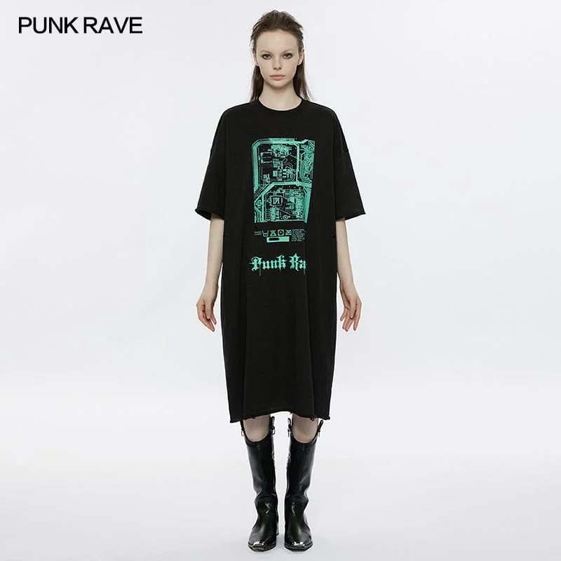 accordion pleat dress-Women's Punk Circuit Printed Straight Dress with Belt