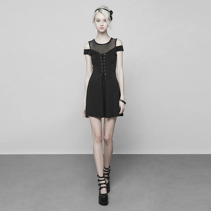 short ruffled dress-Women's Punk Cold Shoulder Lacing Detailed Short Dress