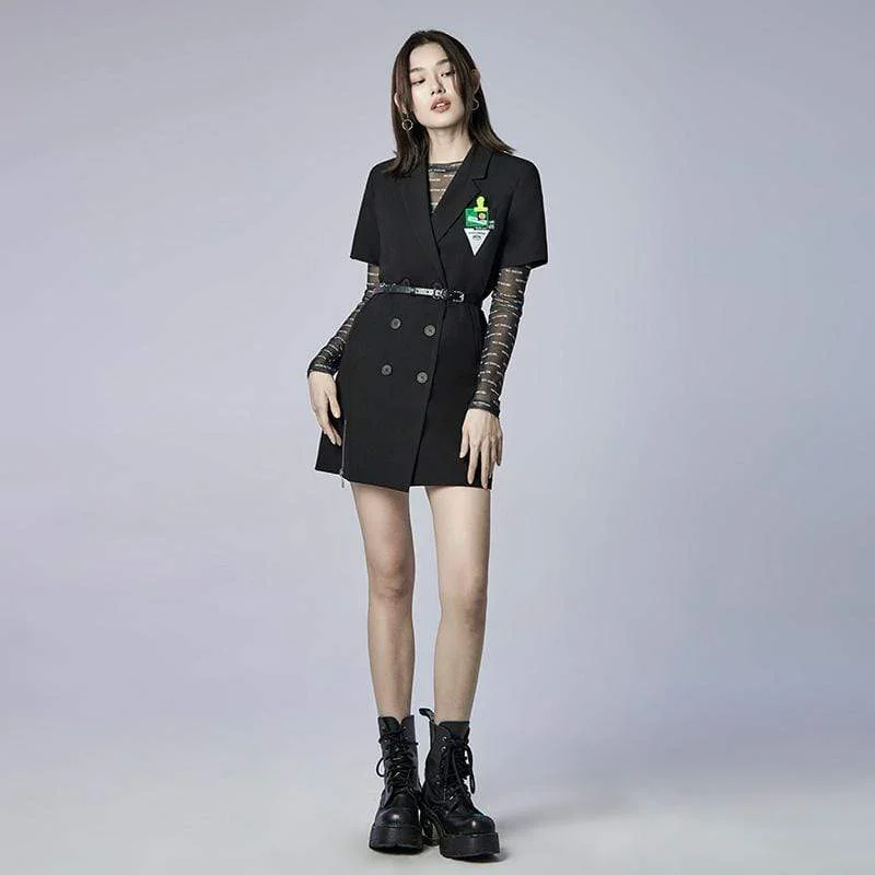 snow white dress-Women's Punk Double-breasted Suit Dress with Metal Chain Belt