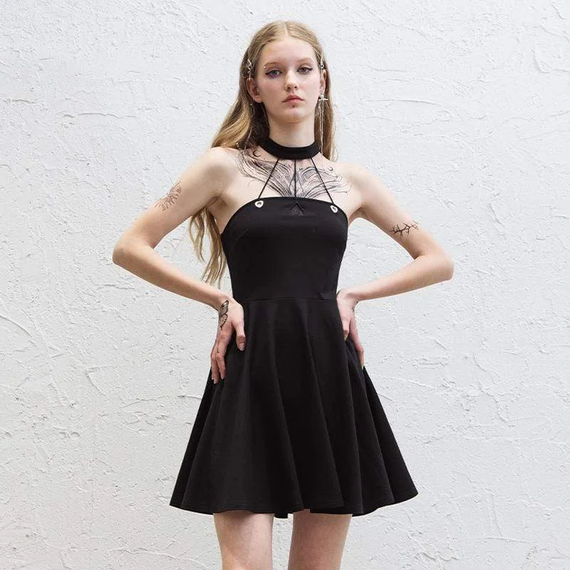 luxurious silk dress-Women's Punk Love Heart Halterneck Black Little Dresses