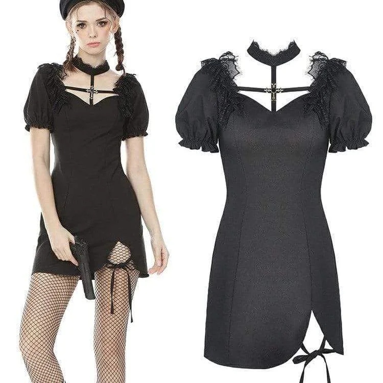 deep plunge maxi dress-Women's Punk Puff Sleeved Cross Halterneck Black Little Dresses