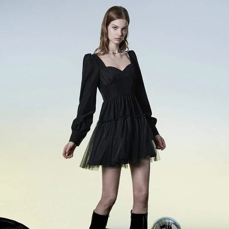 golden champagne dress-Women's Punk Puff Sleeved Layered Black Dress