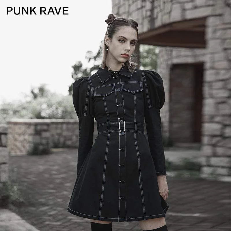 bell sleeve dress-Women's Punk Turn-down Collar Puff Sleeved Dress