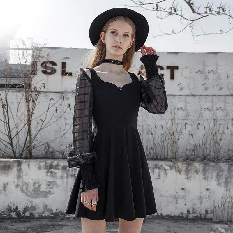 oatmeal cotton dress-Women's Punk V-neck Puff Sleeved Chiffon Black Little Dresses