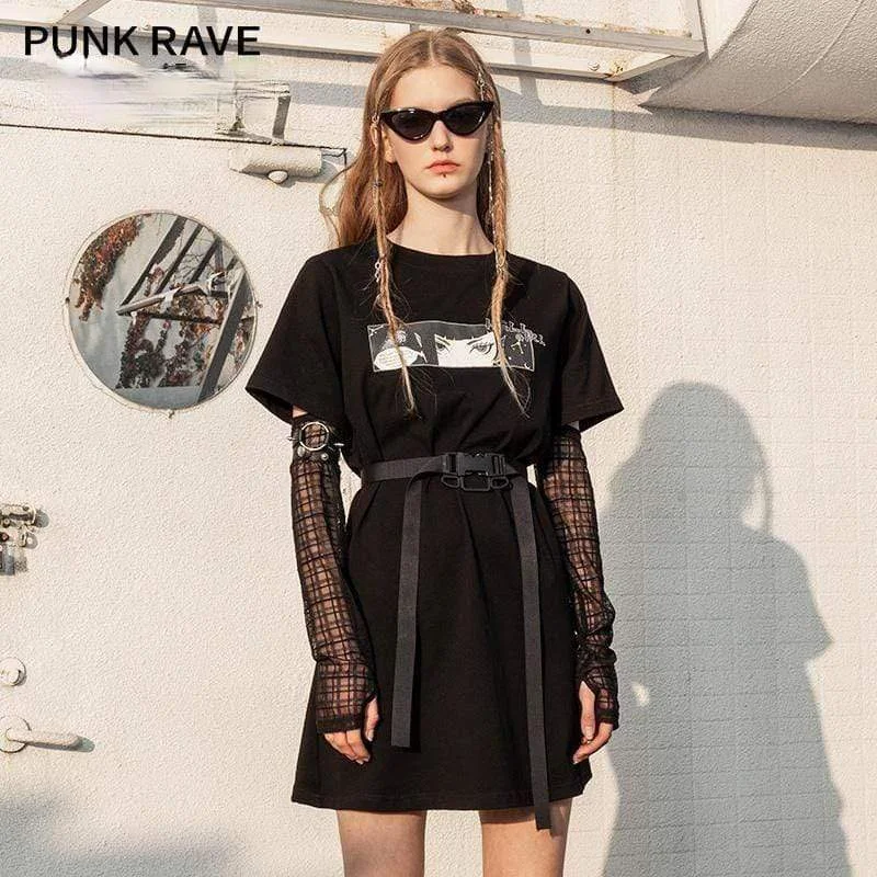 fringed sundress-Women's Punk Hell Girl Printed Tee Dresses with Mesh Sleeves