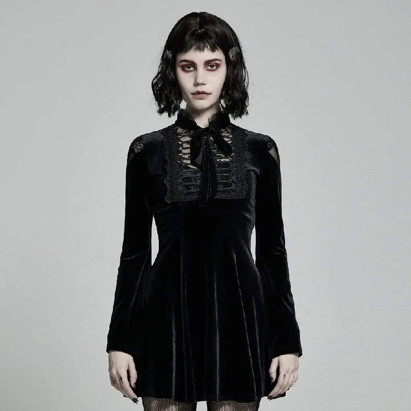 indigo evening dress-Women's Victorian Gothic Flare Sleeved Velet Black Little Dresses with Bow Tie