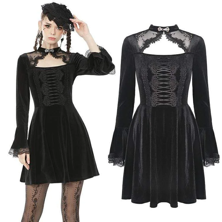 fishtail evening dress-Women's Vintage Gothic Cutout Lacing Velet Dresses with Lace Sleeves