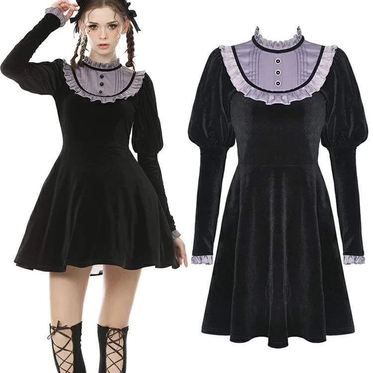 single strap maxi dress-Women's Vintage Gothic Puff Sleeved Velet Doll Dresses