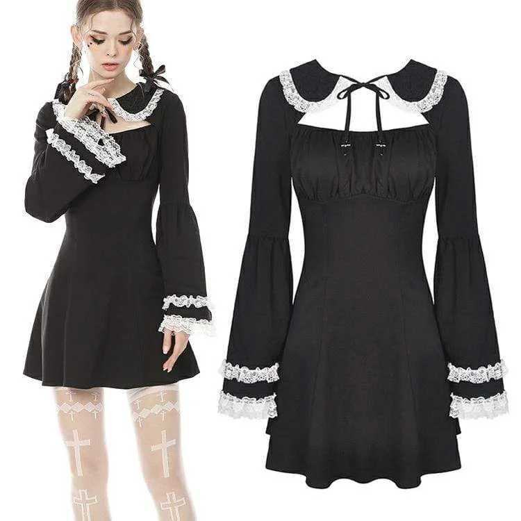 mesh sleeve sundress-Women's Vintage Gothic Puff Sleeves Black Little Dresses Maid Dresses