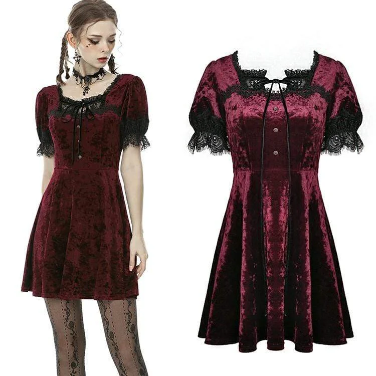 structured party dress-Women's Vintage Gothic Rose Red Velet Dresses with Lace Sleeves