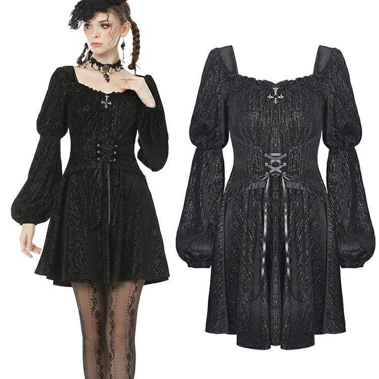 hand-stitched midi dress-Women's Vintage Gothic Square Collar Puff Sleeved Velet Dress