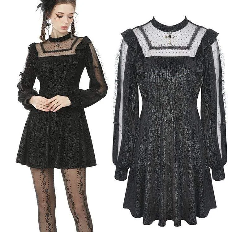 fitted midi dress-Women's Vintage Gothic Square Collar Sheer Sleeve Black Little Dresses