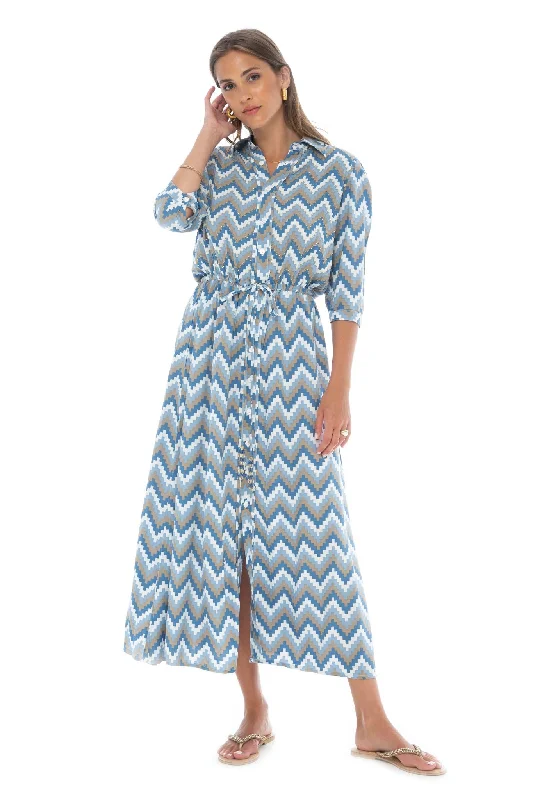 cap sleeve dress-Zig Zag Long Shirt Dress