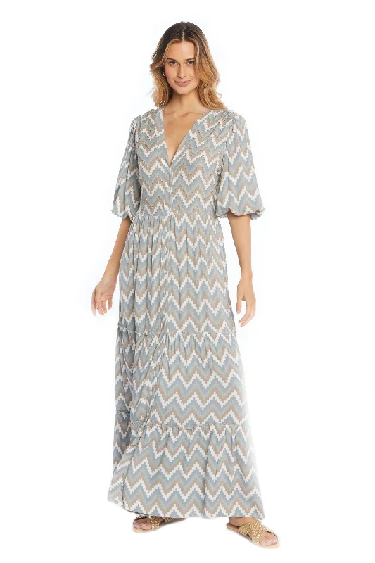 retro polka dress-Zig Zag V-Neck Long Dress