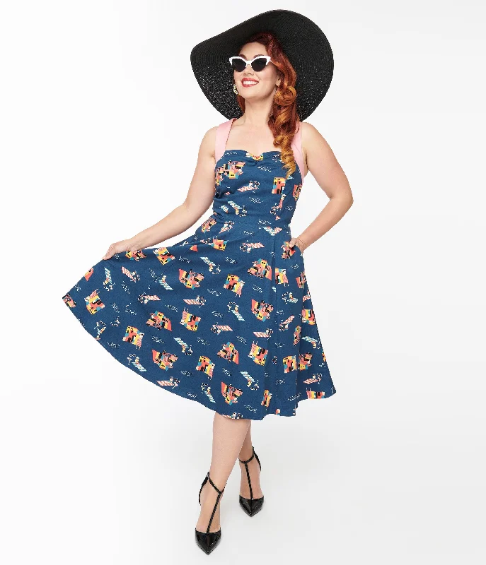 relaxed sundress-1950s Blue Cotton Portofino Living Print Swing Dress