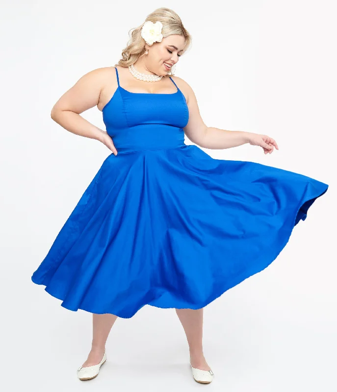 gathered prom dress-1950s Cobalt Blue Cotton Swing Dress