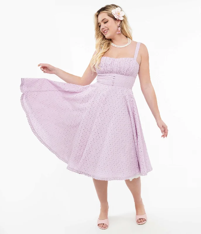 single strap prom dress-1950s Lavender Cotton Eyelet Valerie Swing Dress