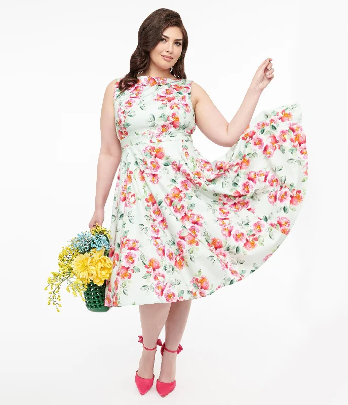 fishtail prom dress-1950s Mint Green & Pink Floral Print Cotton Marissa Swing Dress