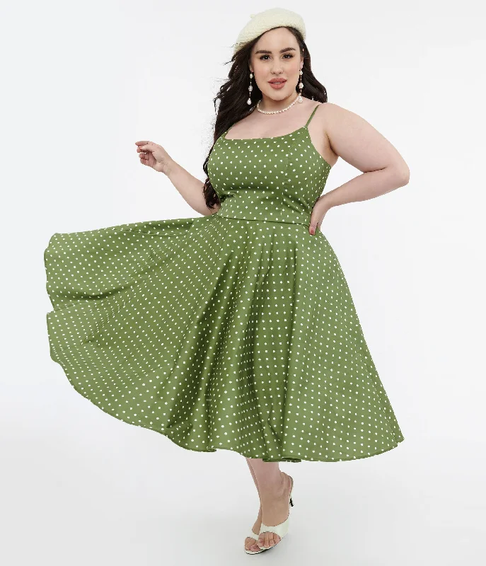 relaxed prom dress-1950s Olive Green & White Polka Dot Peggy Cotton Swing Dress